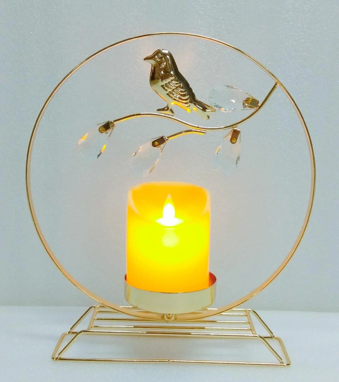 Metal Candle Holder Base with 1 T Light and round with Bird n Crystal 25x9x28 cm
